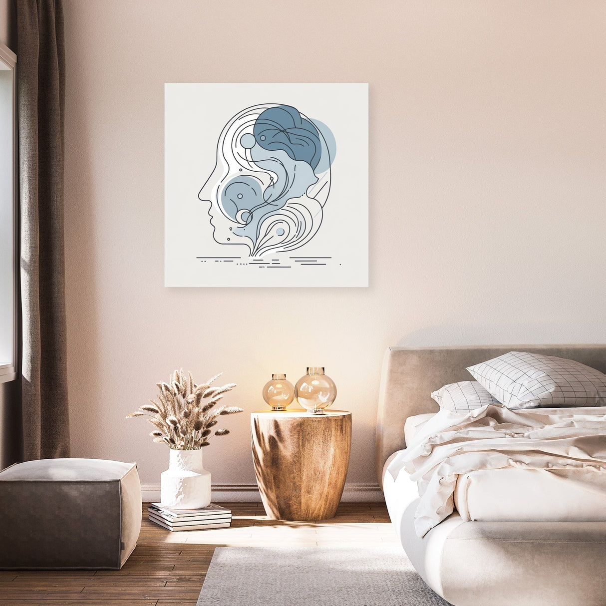 Abstract Wall Art Canvas featuring line art of faces in soothing blue tones for modern home decor