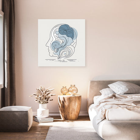 Abstract Wall Art Canvas featuring line art of faces in soothing blue tones for modern home decor
