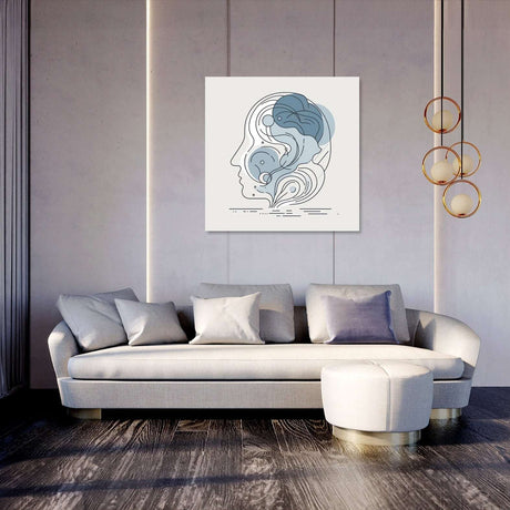 Stylish wall art canvas featuring a modern abstract design of a face in blue tones for home decor