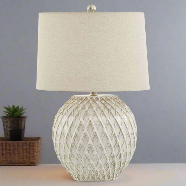 Lattice Ceramic Table Lamp With Linen Shade WHITE CERAMIC Shades 4 Seasons
