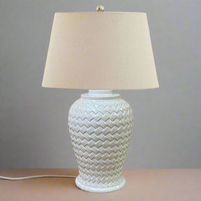 Woven Ceramic Table Lamp With Linen Shade WHITE CERAMIC Shades 4 Seasons