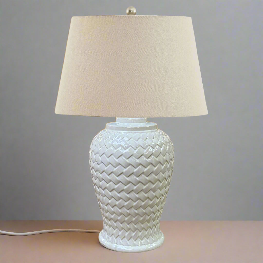 Woven Ceramic Table Lamp With Linen Shade WHITE CERAMIC Shades 4 Seasons