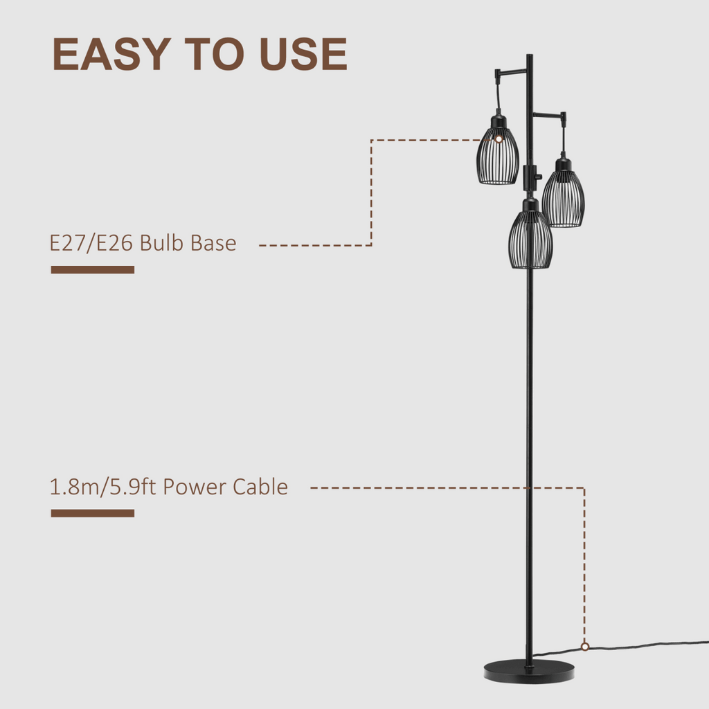 170cm Industrial 3-Light Floor Lamp, Dimmable Black HOMCOM