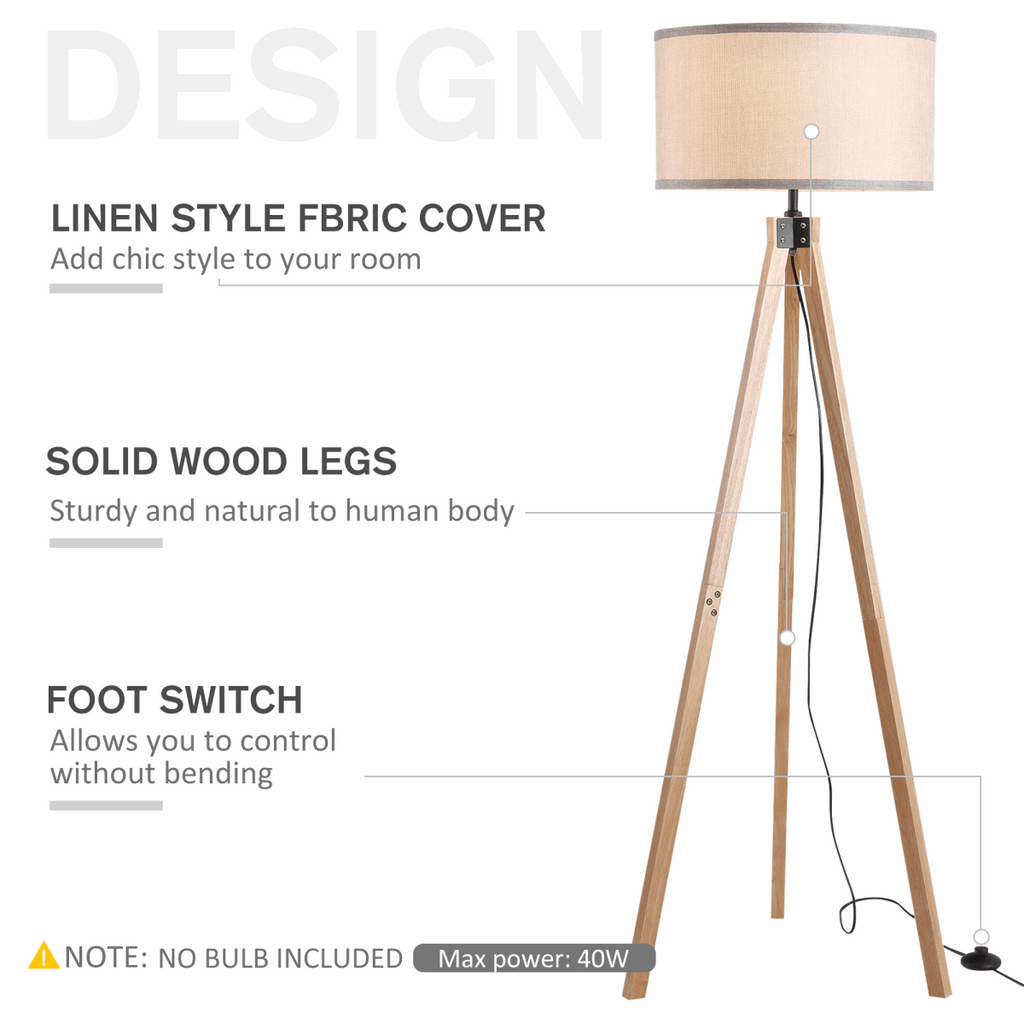 Rubber Wood Tripod Floor Lamp Beige HOMCOM