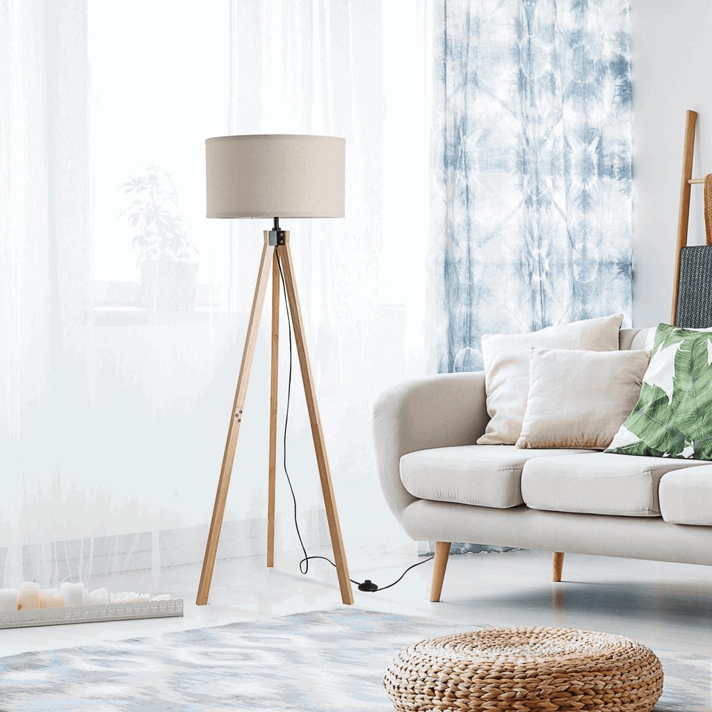Rubber Wood Tripod Floor Lamp Beige HOMCOM