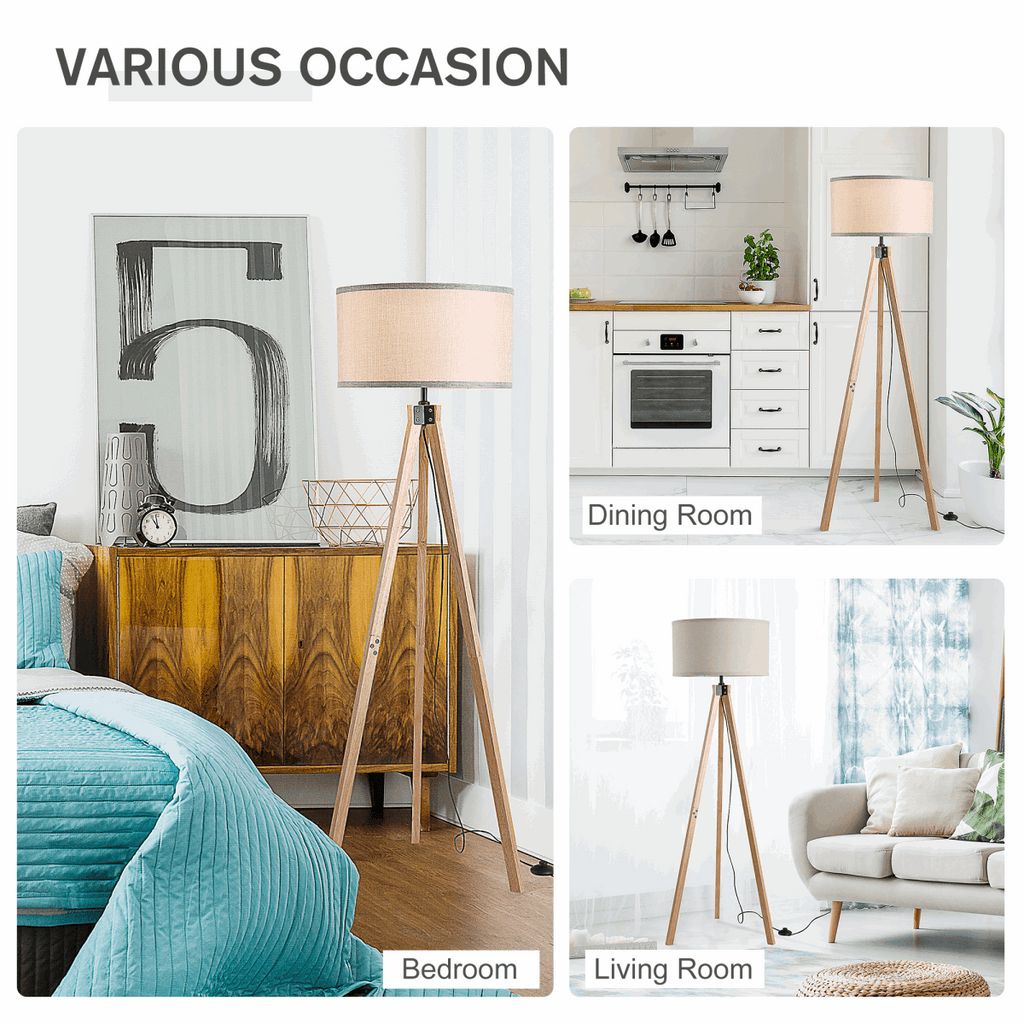 Rubber Wood Tripod Floor Lamp Beige HOMCOM