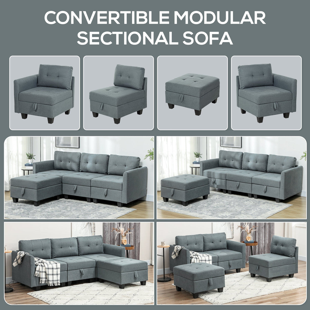 Convertible Modular Sofa from Wise Galleria in grey with adjustable sections and tufted design