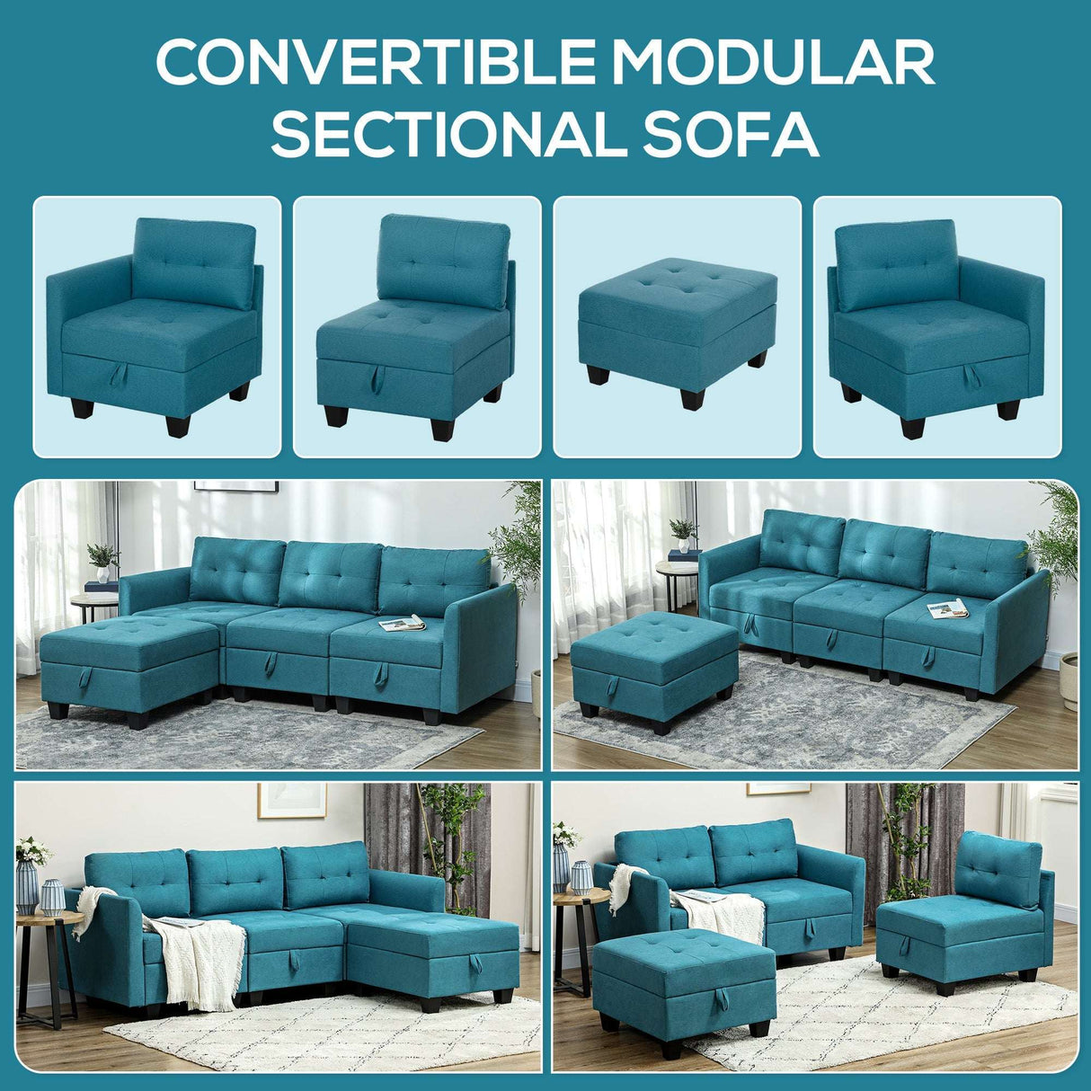 Convertible Modular Sofa by Wise Galleria in teal fabric, showcasing various configurations and a matching ottoman