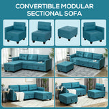 Convertible Modular Sofa by Wise Galleria in teal fabric, showcasing various configurations and a matching ottoman