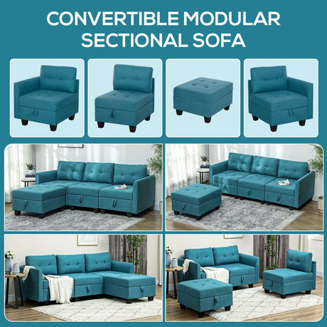 Convertible Modular Sofa by Wise Galleria in teal fabric, showcasing various configurations and a matching ottoman