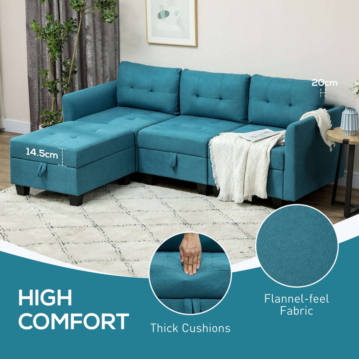 Wise Galleria Modular Sofa in Teal with Thick Cushions and Flannel-feel Fabric for High Comfort