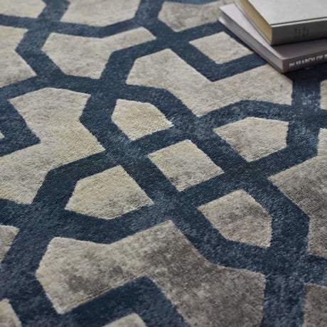 Stylish Moroccan Rug with Geometric Pattern in Blue and Beige for Contemporary Interiors