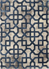 Modern Moroccan Rug with Geometric Blue Patterns on a Neutral Background for Stylish Decor