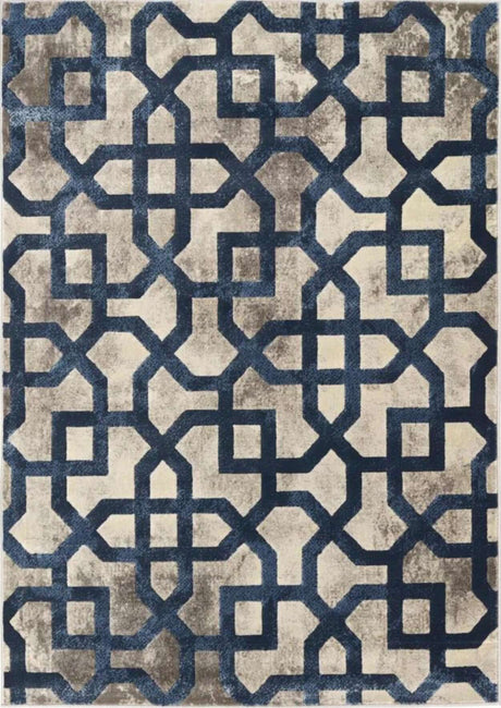 Modern Moroccan Rug with Geometric Blue Patterns on a Neutral Background for Stylish Decor
