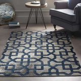 Stylish Moroccan Rug with a geometric pattern in blue and grey for modern home decor