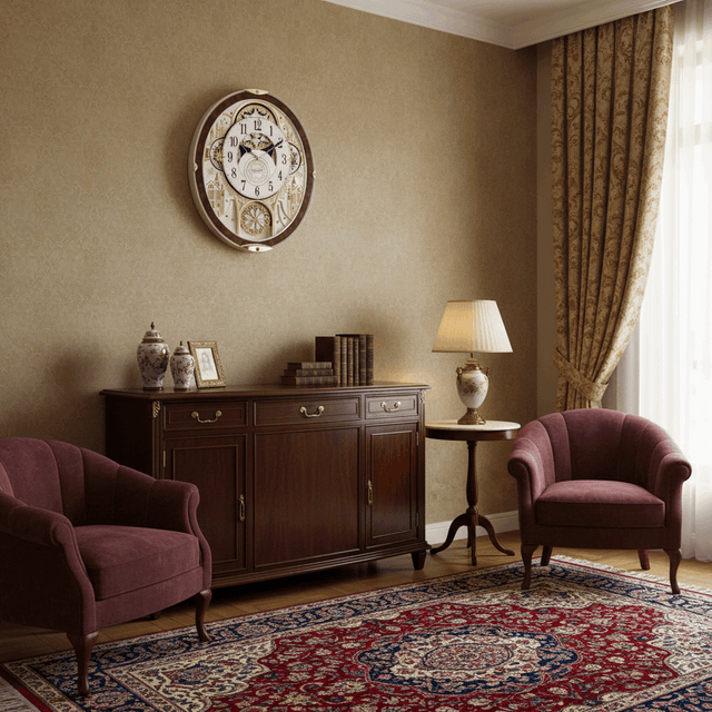 Elegant Widdop Motion Clock on a stylish wall in a classic living room with burgundy armchairs
