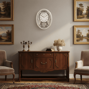 Classic Widdop Motion Clock on a wall above a wooden sideboard in an elegant living room setting