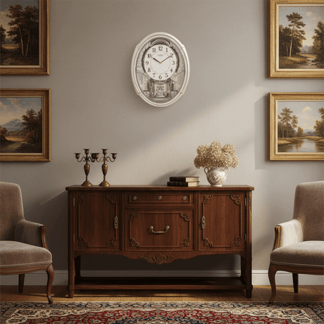 Classic Widdop Motion Clock on a wall above a wooden sideboard in an elegant living room setting