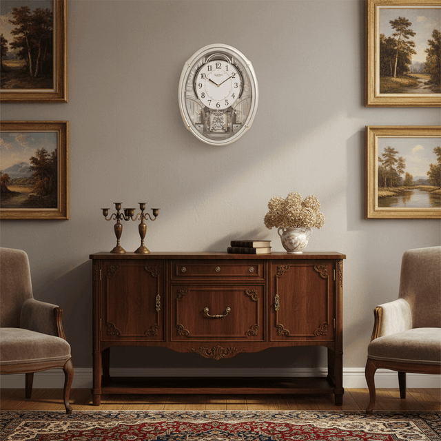 Classic Widdop Motion Clock on a wall above a wooden sideboard in an elegant living room setting