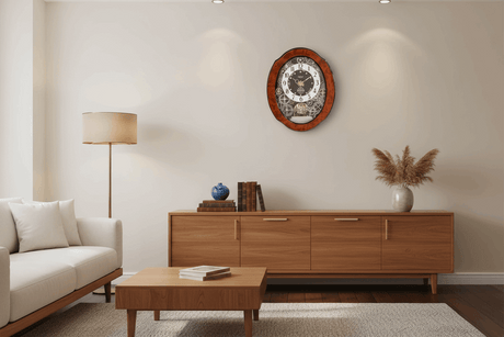Widdop Motion Clock displayed on a stylish wall in a modern living room with wooden furniture