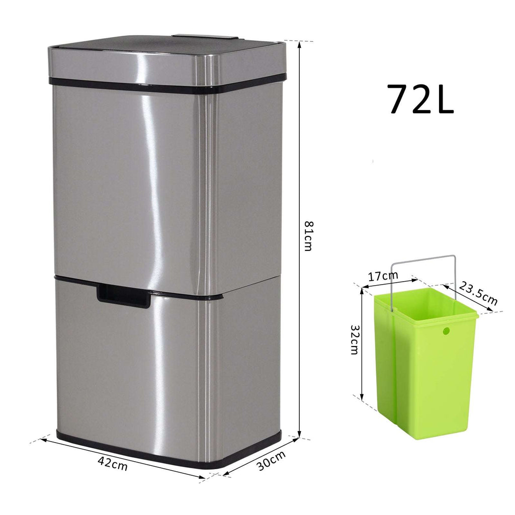 Motion Sensor Rubbish Bin, 3 Compartments Removable Lid Stainless Steel HOMCOM Unbranded