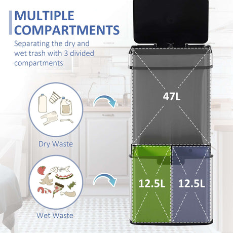 Motion Sensor Rubbish Bin, 3 Compartments Removable Lid Stainless Steel HOMCOM Unbranded