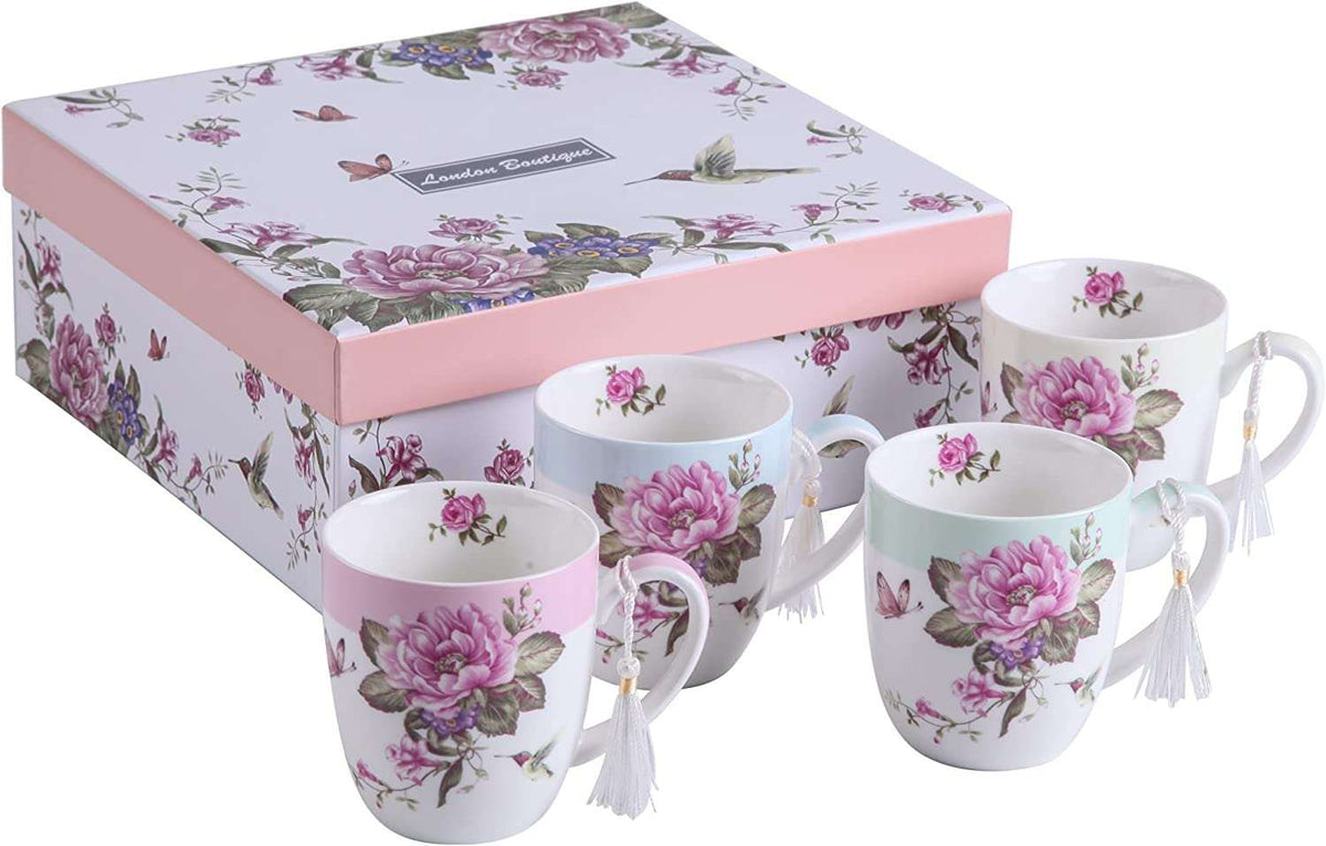 London Boutique Lifestyle Mug Set featuring floral designs and tassel details, presented in a decorative gift box
