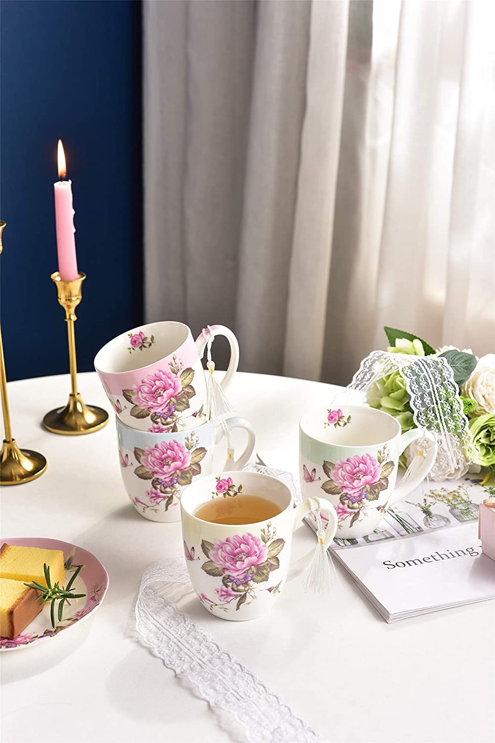 Elegant floral Mug Set featuring delicate pink roses, perfect for tea or coffee moments