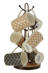 Orsina Mug Tree with Six Stylish Cups Featuring Elegant Wave Patterns in Brown and Black