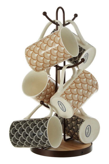 Orsina Mug Tree with Six Stylish Cups Featuring Elegant Wave Patterns in Brown and Black