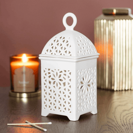 Elegant white multi-purpose burner with intricate lattice design, perfect for home fragrances