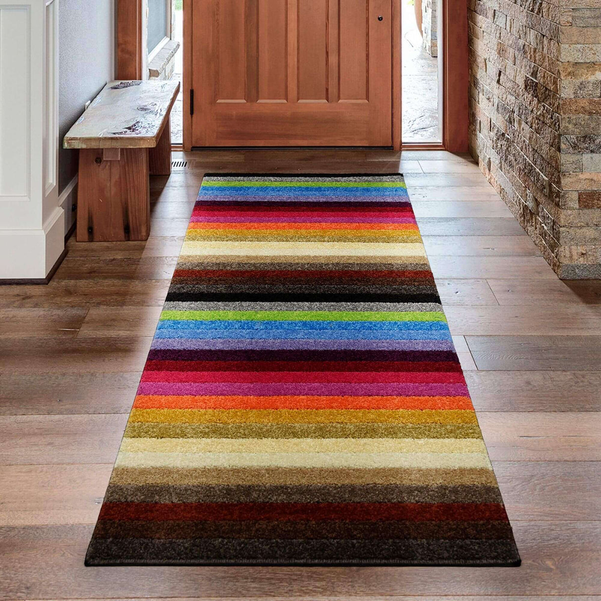 Stylish multicolour rugs featuring vibrant stripes for adding warmth to hallways