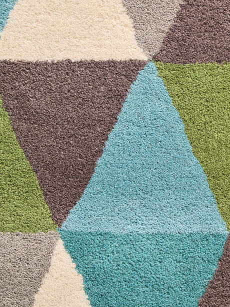 Orsina Multicoloured Rug featuring geometric patterns in shades of green, blue, and brown