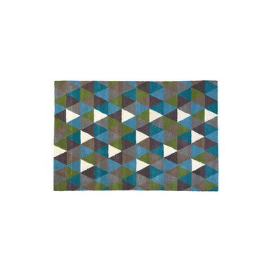 Orsina Multicoloured Rug featuring a geometric triangle pattern in blue, green, and grey shades