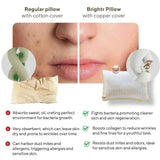 Comparison image of regular pillow and Brightr Neck Support Pillow showcasing its antibacterial copper cover