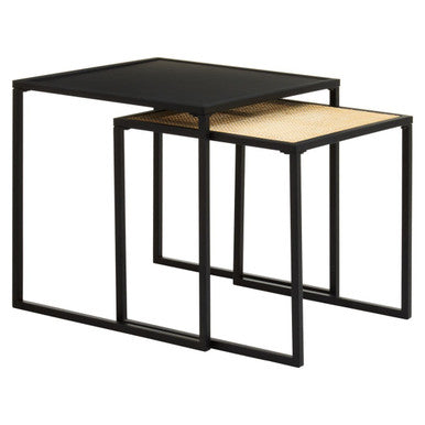 Orsina Nest of Tables with Black Metal Frame and Natural Woven Top for Modern Living Spaces