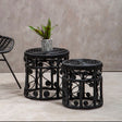 Orsina Nesting Tables in Black Woven Design with Decorative Plant for Stylish Living Spaces