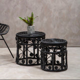 Orsina Nesting Tables in Black Woven Design with Decorative Plant for Stylish Living Spaces