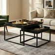 Orsina Nesting Tray Tables in black with gold trays, perfect for modern living room decor