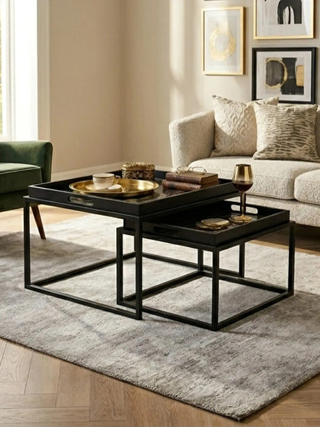 Orsina Nesting Tray Tables in Black with Gold Accents for Stylish Living Room Decor