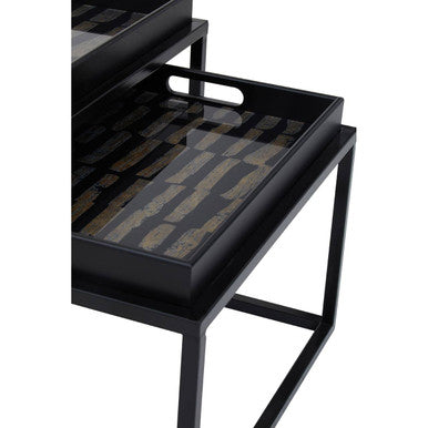 Orsina Nesting Tray Tables with sleek black finish and stylish patterned tops for versatile home decor