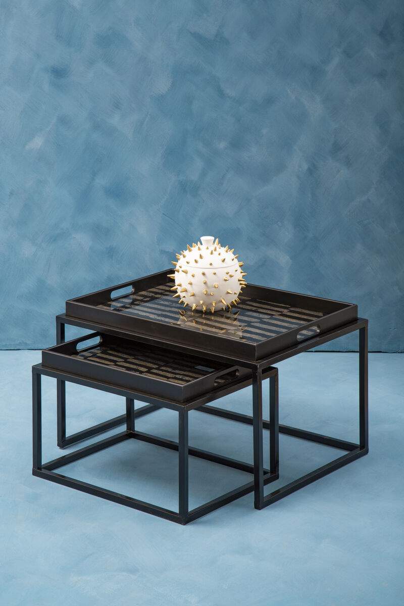 Orsina Nesting Tray Tables in Black with Metal Framework and Decorative Ornament
