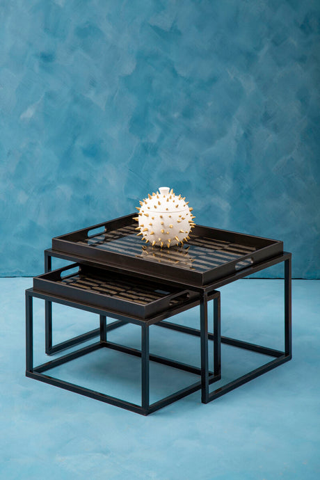 Orsina Nesting Tray Tables in Black with Metal Framework and Decorative Ornament