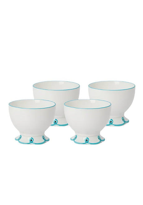 Set of four white Casa by Josephine Jenno Nibbles Bowls with turquoise trim and decorative base
