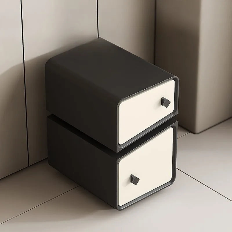 Klassyx modern nightstand in black and cream with minimalist design and sleek handle