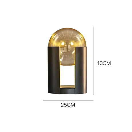 Norda Lamp with a contemporary design featuring a round glass bulb and sleek metal base, measuring 43cm by 25cm