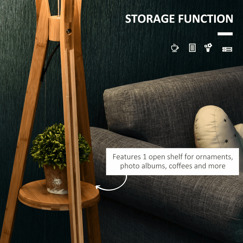 Wooden Tripod Floor Lamp with Shelf - Mid-Century Unbranded
