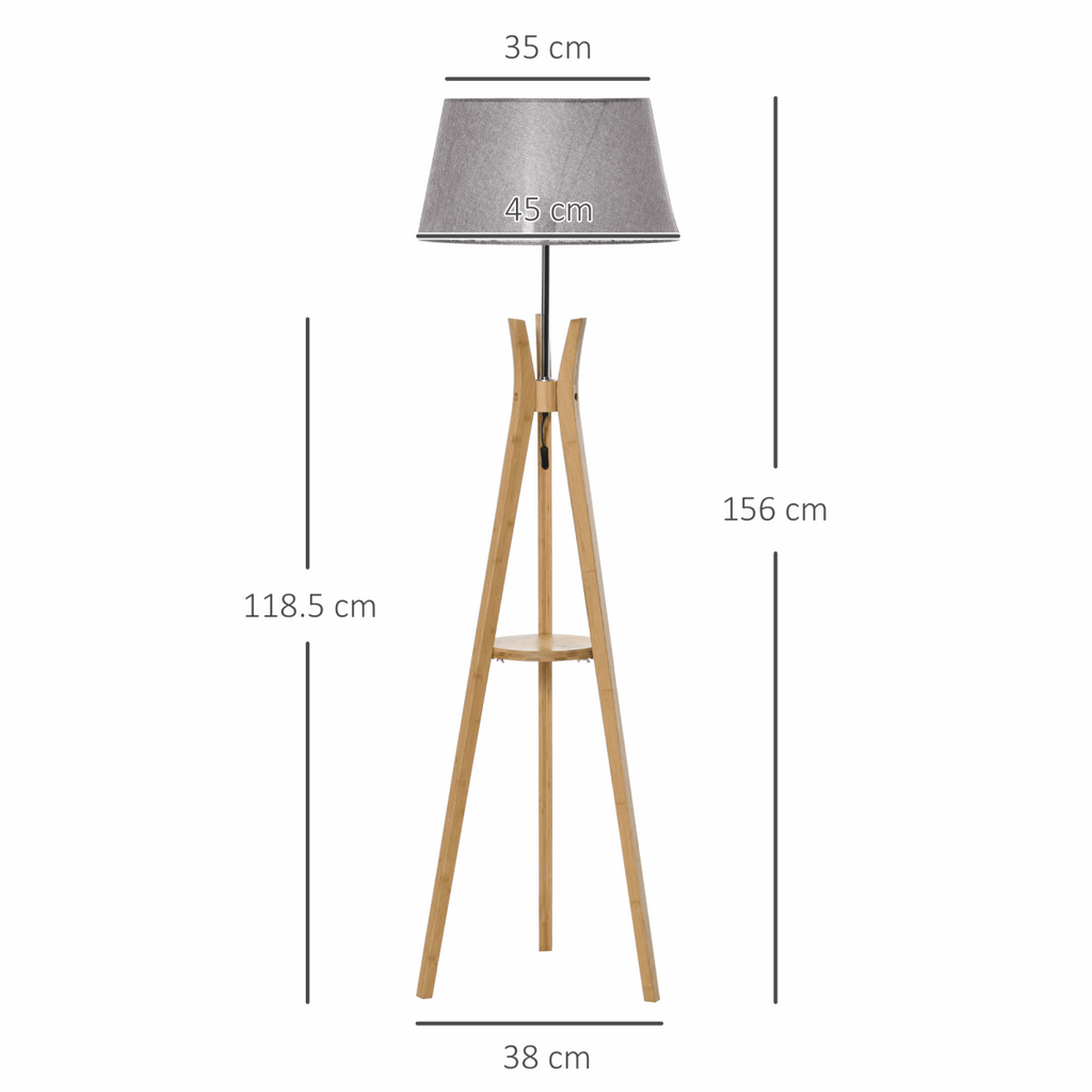 Wooden Tripod Floor Lamp with Shelf - Mid-Century Unbranded
