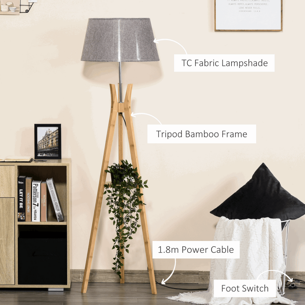 Wooden Tripod Floor Lamp with Shelf - Mid-Century Unbranded