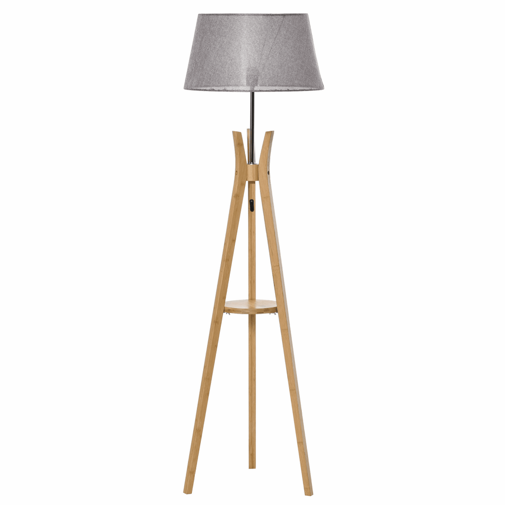 Wooden Tripod Floor Lamp with Shelf - Mid-Century Unbranded